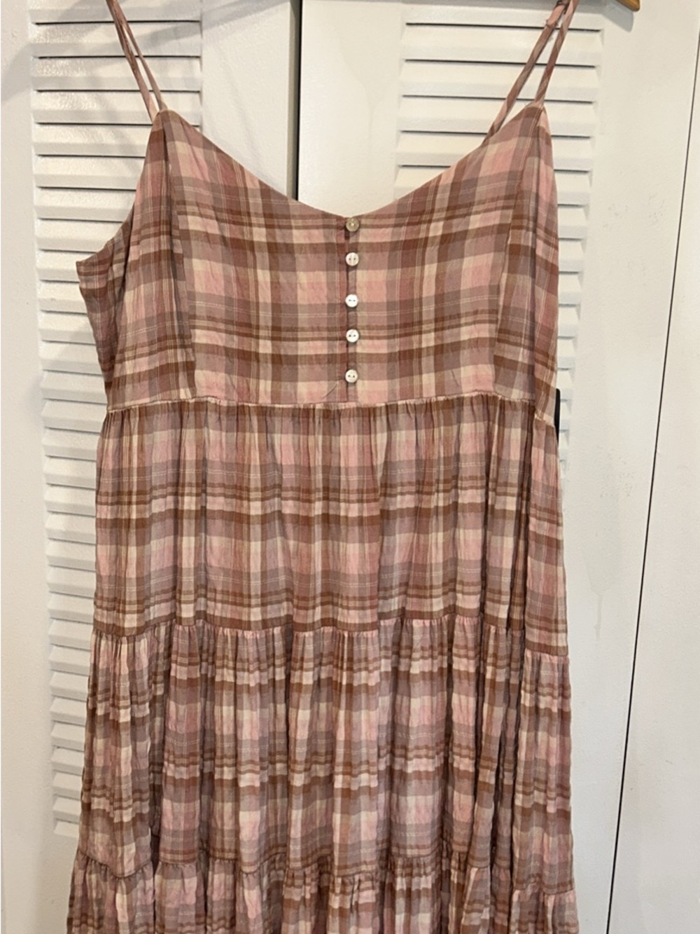 Lucky Brand Pink and Brown Plaid Smocked Tiered Sundress